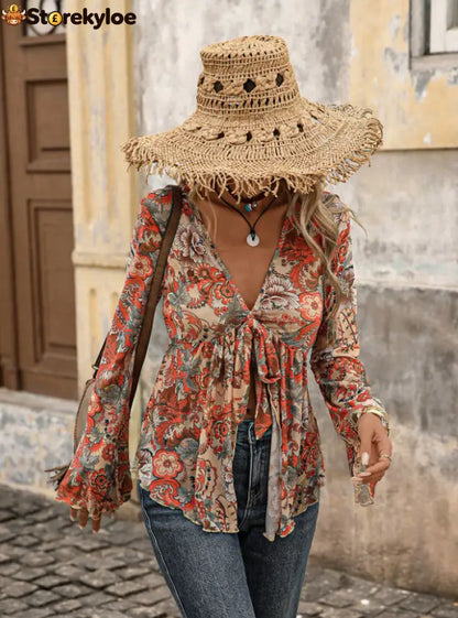 Orange Boho Women’s Paisley Print Mesh Long Sleeve Tie Front Asymmetric top