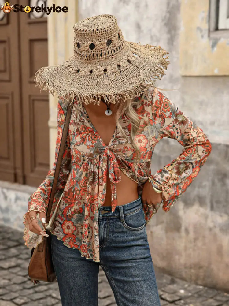 Orange Boho Women’s Paisley Print Mesh Long Sleeve Tie Front Asymmetric top