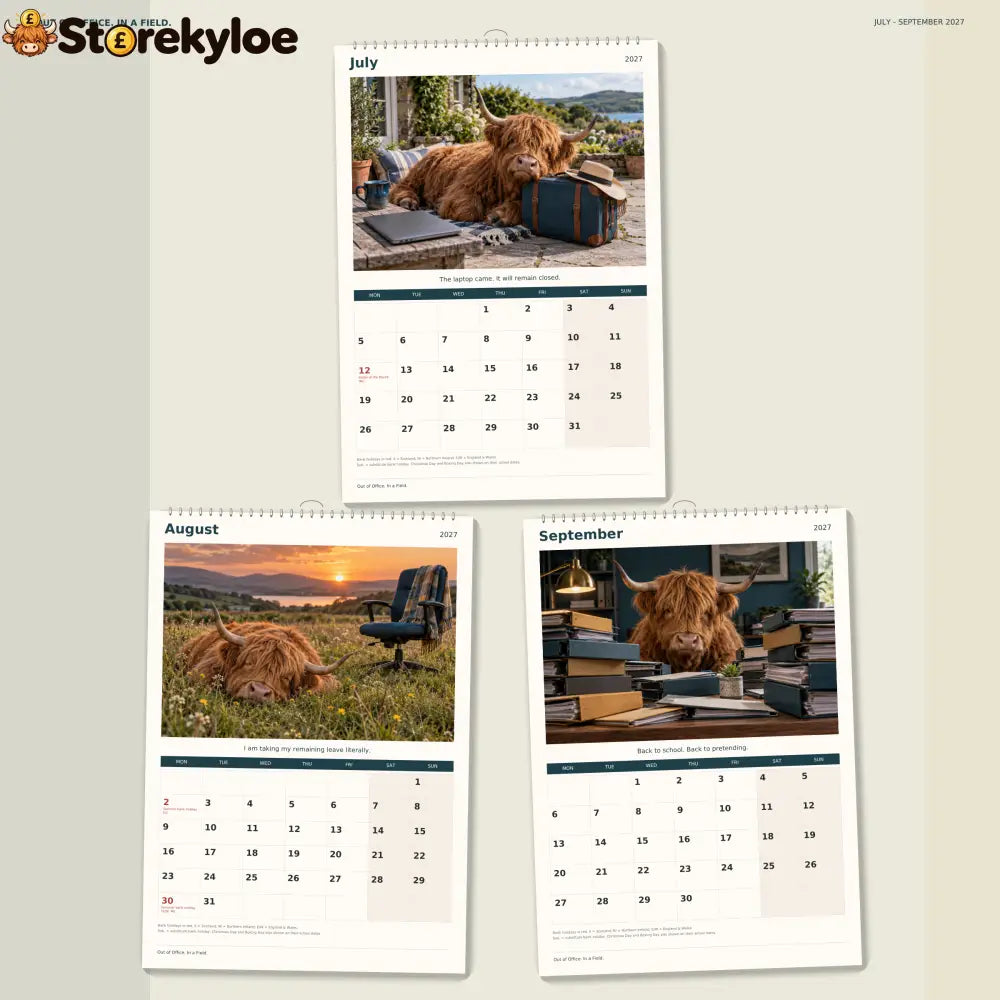 🔥Out of Office. In a Field. 2027 A4 Wall Calendar - Funny Highland Cows