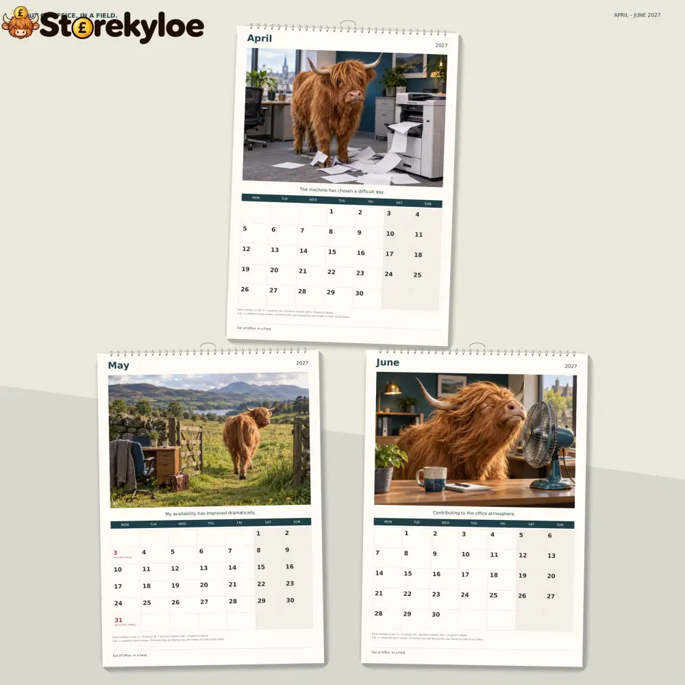 🔥Out of Office. In a Field. 2027 A4 Wall Calendar - Funny Highland Cows