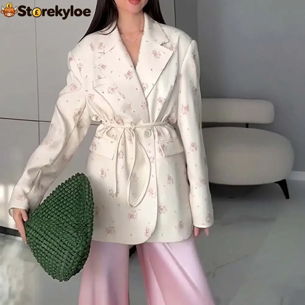 Oversized belted blazer with puff sleeves – Modern and sophisticated elegance - Apricot Floral / S