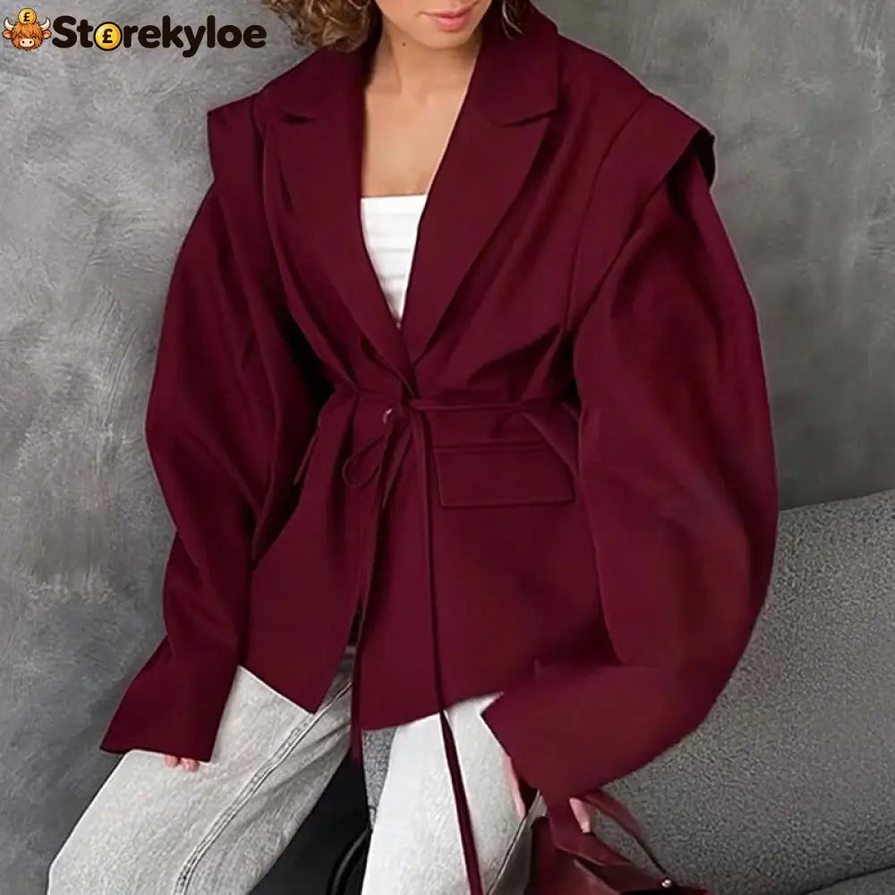 Oversized belted blazer with puff sleeves – Modern and sophisticated elegance - Burgundy / S