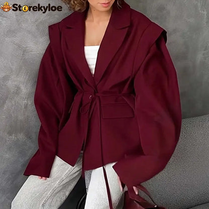 Oversized belted blazer with puff sleeves – Modern and sophisticated elegance - Burgundy / S