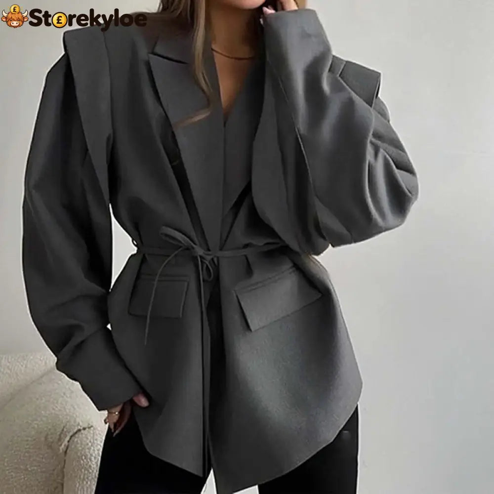Oversized belted blazer with puff sleeves – Modern and sophisticated elegance - Grey / S