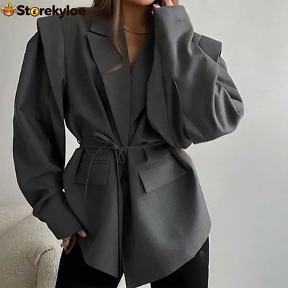 Oversized belted blazer with puff sleeves – Modern and sophisticated elegance - Grey / S