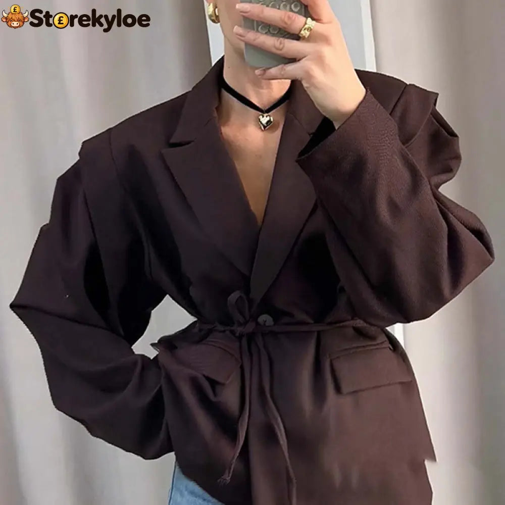 Oversized belted blazer with puff sleeves – Modern and sophisticated elegance - Reddish brown / S