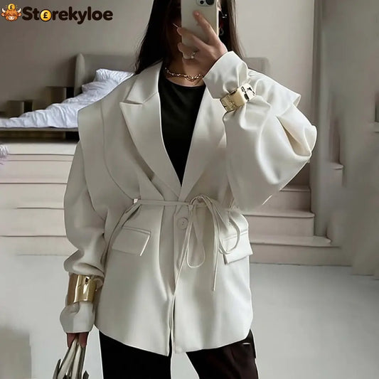 Oversized belted blazer with puff sleeves – Modern and sophisticated elegance - White / S
