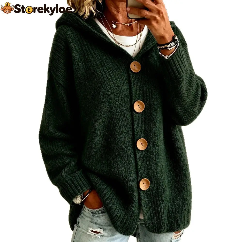Oversized Hooded Button‑Front Long Sleeve Loose Fit Knit Cardigan With Pockets