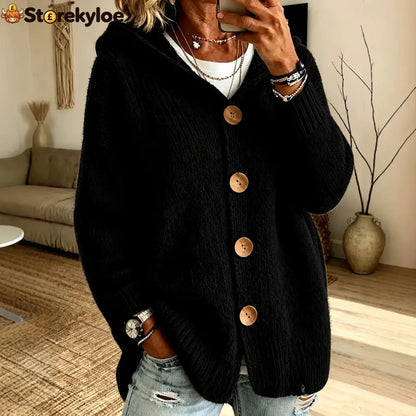 Oversized Hooded Button‑Front Long Sleeve Loose Fit Knit Cardigan With Pockets - Black / S