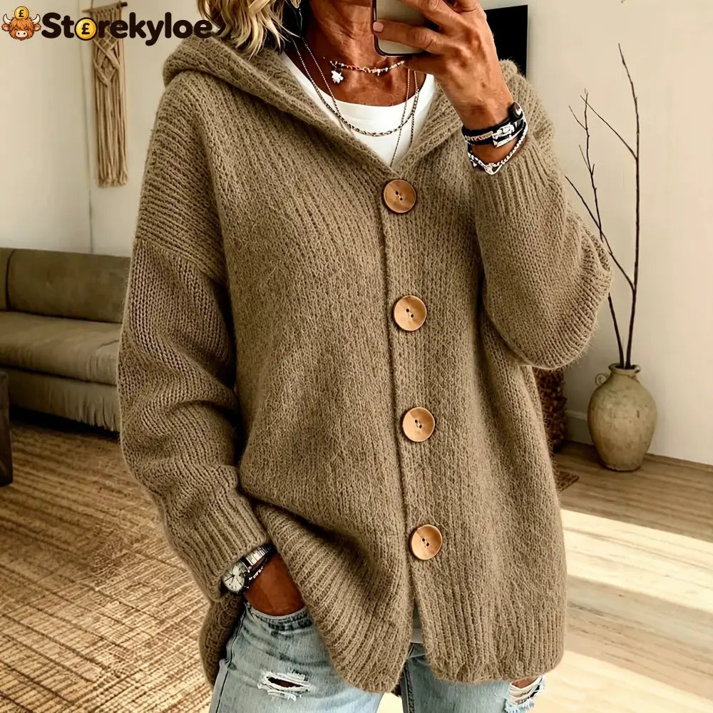 Oversized Hooded Button‑Front Long Sleeve Loose Fit Knit Cardigan With Pockets - Camel / S