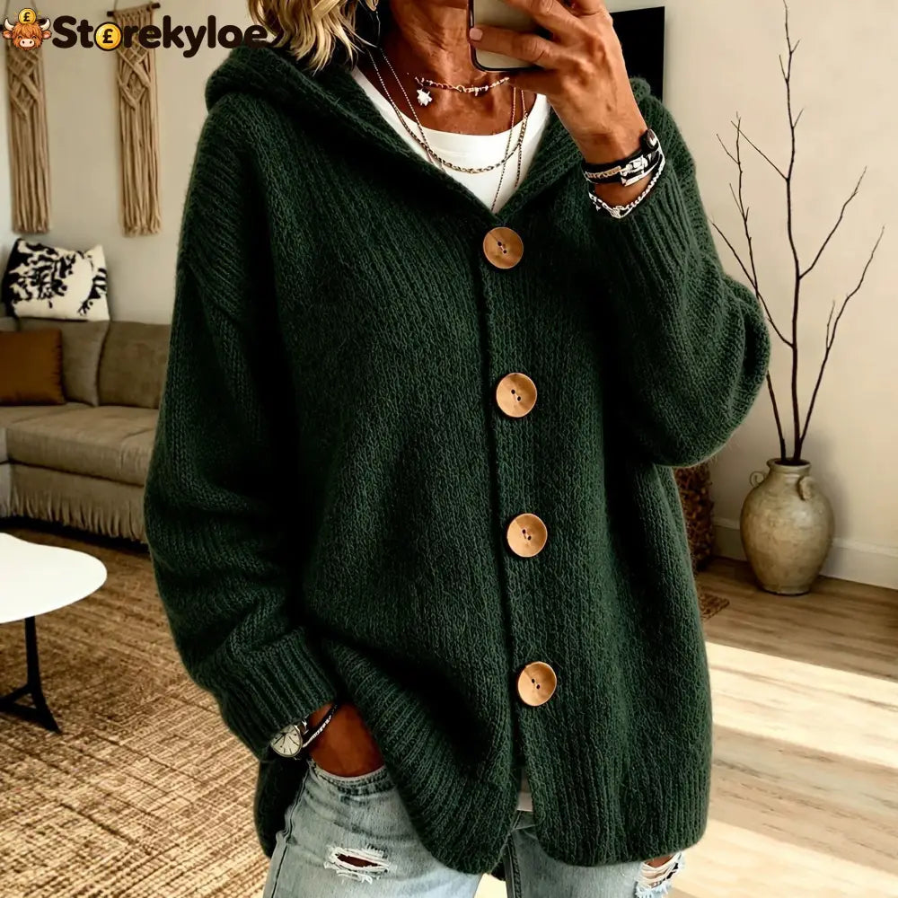 Oversized Hooded Button‑Front Long Sleeve Loose Fit Knit Cardigan With Pockets - Cat eye green / S