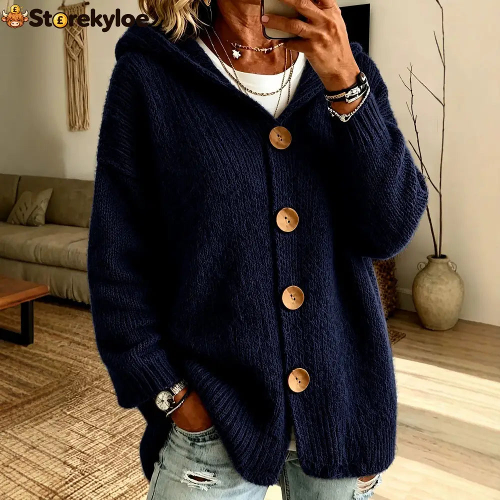 Oversized Hooded Button‑Front Long Sleeve Loose Fit Knit Cardigan With Pockets - Navy blue / S