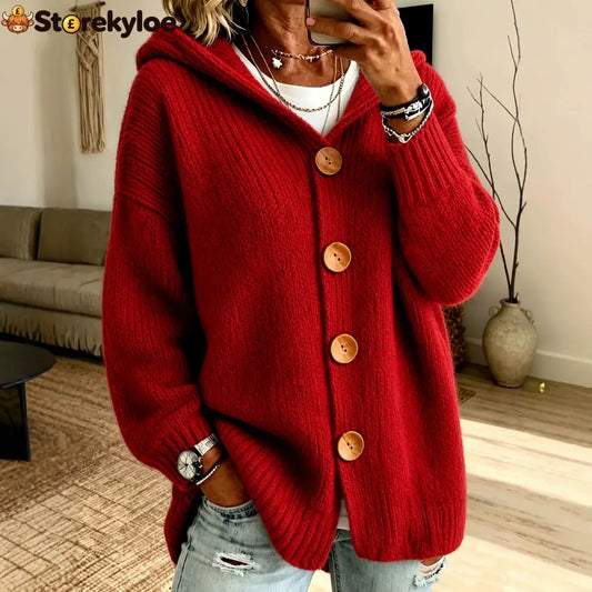 Oversized Hooded Button‑Front Long Sleeve Loose Fit Knit Cardigan With Pockets - Red / S