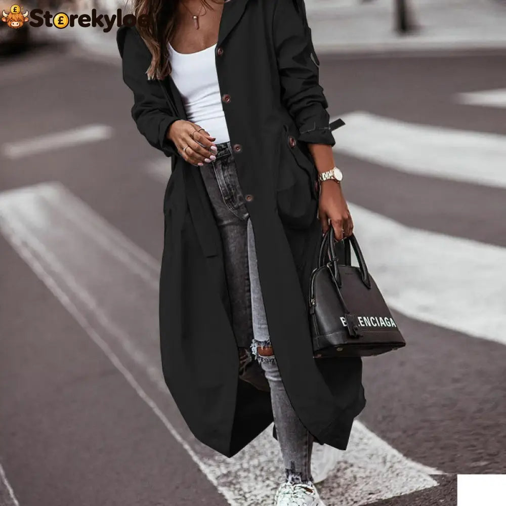 Oversized Hooded Long Trench Coat Button Front Loose Fit Outerwear With Large Pockets And Adjustable Cuffs For Casual