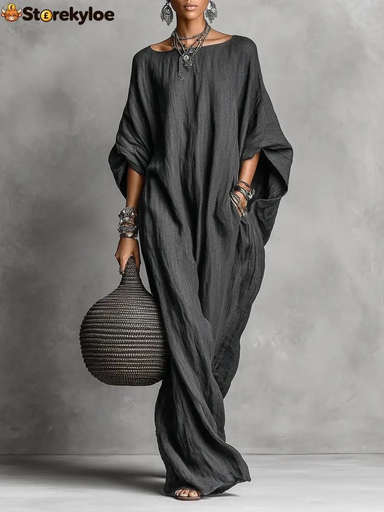 Oversized Linen Maxi Kaftan Dress - Black / S