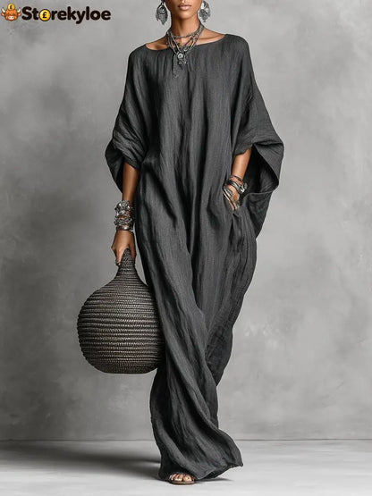Oversized Linen Maxi Kaftan Dress - Black / S