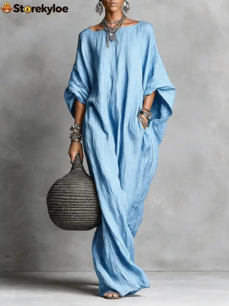 Oversized Linen Maxi Kaftan Dress - Blue / S