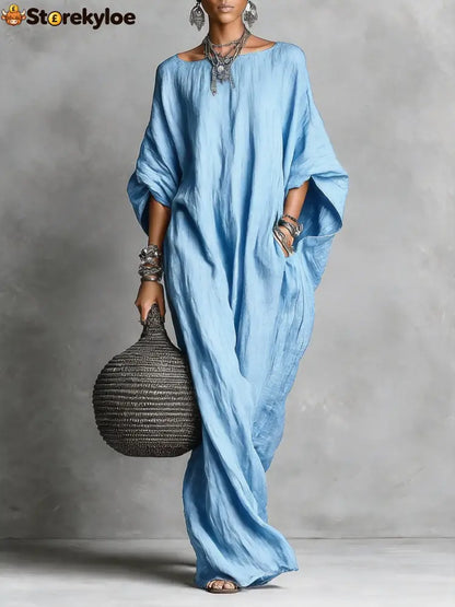 Oversized Linen Maxi Kaftan Dress - Blue / S