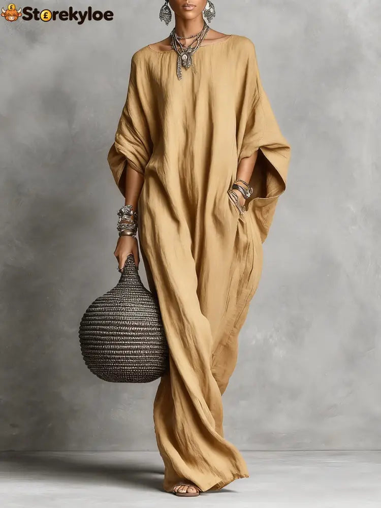 Oversized Linen Maxi Kaftan Dress - Khaki / S