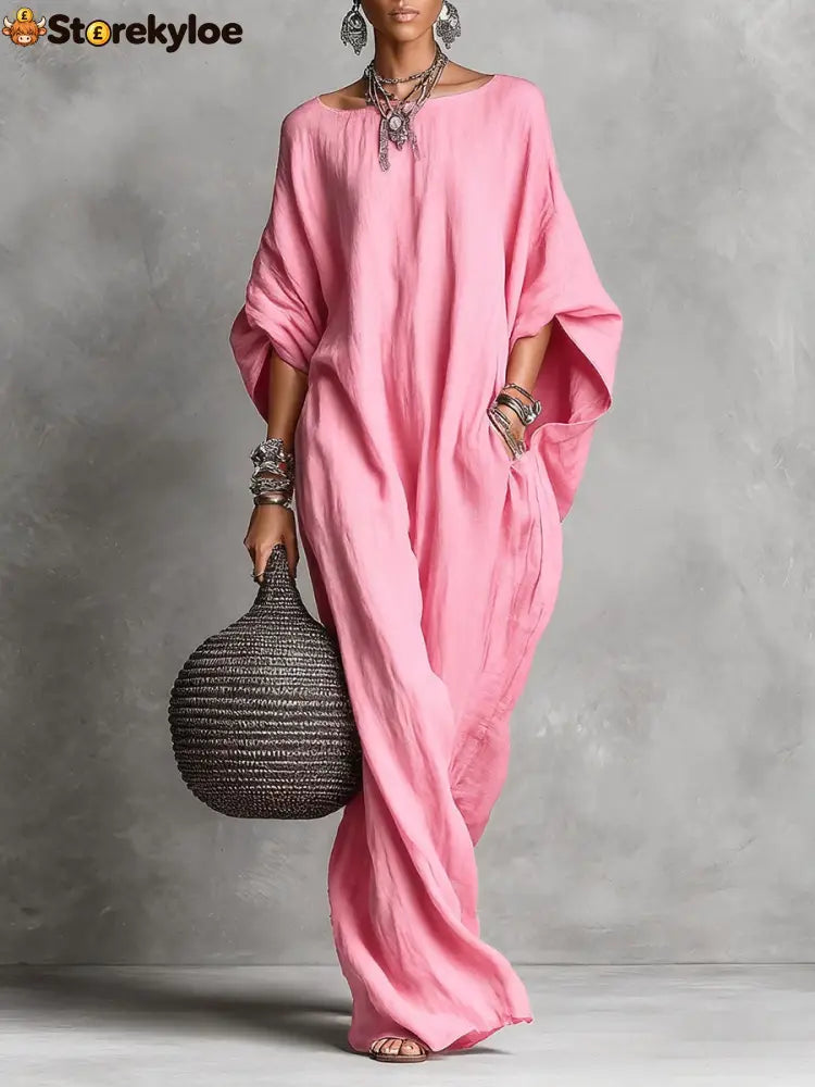 Oversized Linen Maxi Kaftan Dress - Pink / S