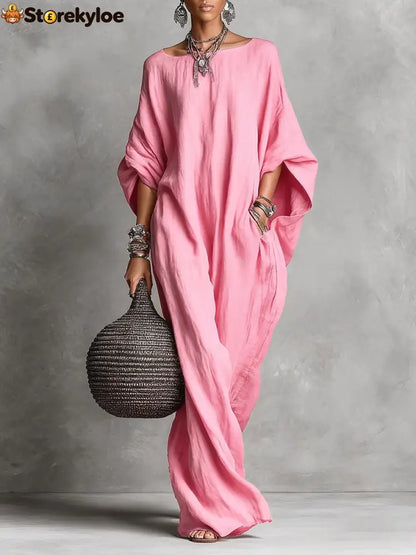 Oversized Linen Maxi Kaftan Dress - Pink / S