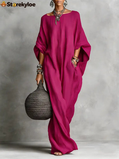 Oversized Linen Maxi Kaftan Dress - Rosered / S