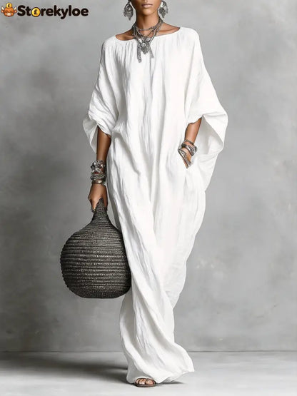Oversized Linen Maxi Kaftan Dress - White / S