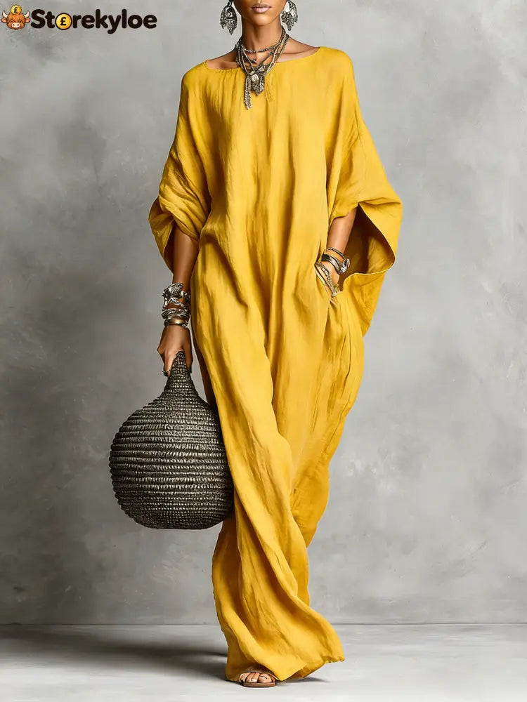 Oversized Linen Maxi Kaftan Dress - Yellow / S
