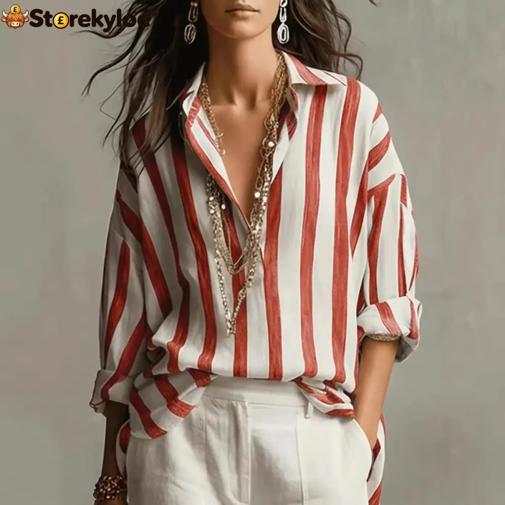 Oversized Striped Button-Down Shirt - Red / S