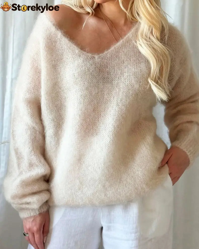 Oversized V‑Neck Drop Shoulder Fuzzy Knit Long Sleeve Loose Fit Pullover Sweater - Apricot / S
