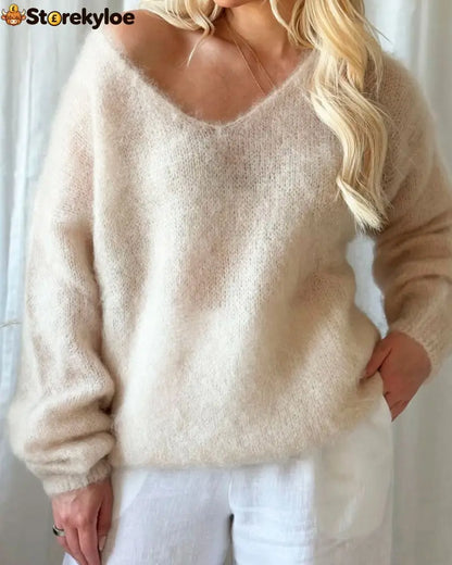 Oversized V‑Neck Drop Shoulder Fuzzy Knit Long Sleeve Loose Fit Pullover Sweater - Apricot / S