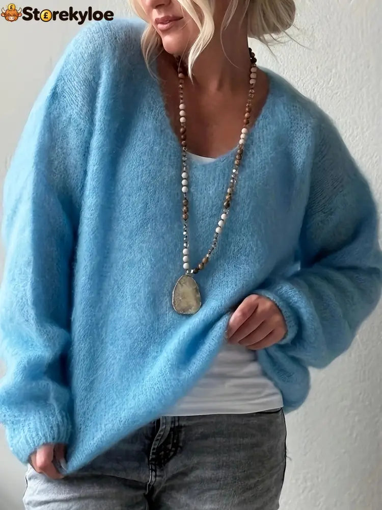 Oversized V‑Neck Drop Shoulder Fuzzy Knit Long Sleeve Loose Fit Pullover Sweater - Blue / S