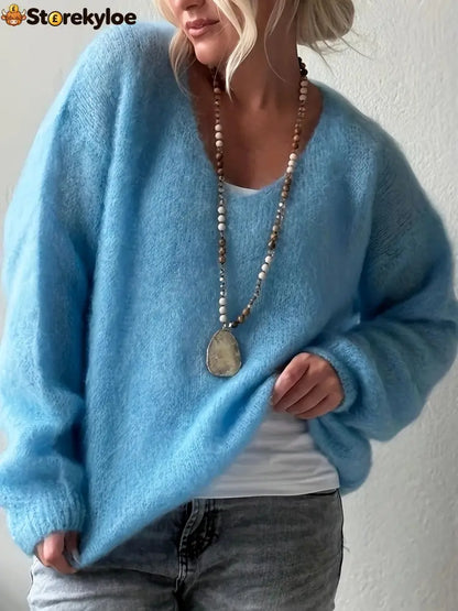 Oversized V‑Neck Drop Shoulder Fuzzy Knit Long Sleeve Loose Fit Pullover Sweater - Blue / S