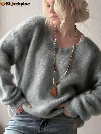Oversized V‑Neck Drop Shoulder Fuzzy Knit Long Sleeve Loose Fit Pullover Sweater - Grey / S