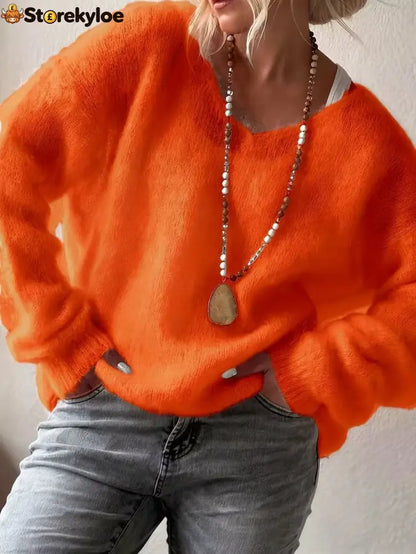 Oversized V‑Neck Drop Shoulder Fuzzy Knit Long Sleeve Loose Fit Pullover Sweater - Orange / S
