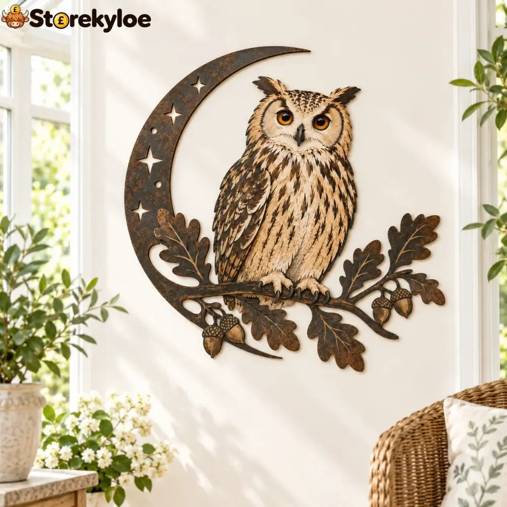 🌙🦉owl Crescent Moon Metal Wall Art | Rustic Metal Wall Decor - 8 in