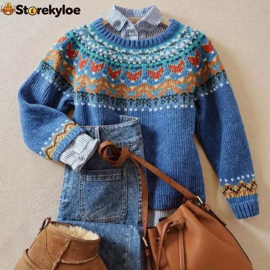 Peacock blue-Classic Vintage Knit Sweater - Peacock blue / S
