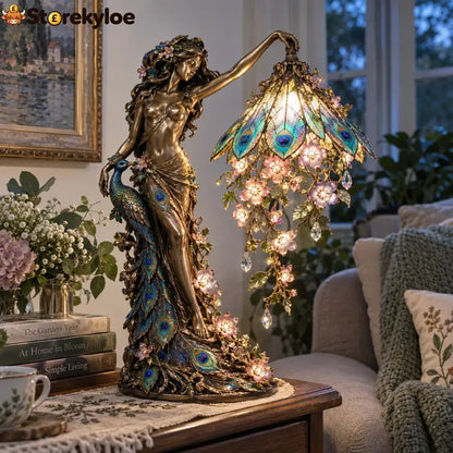 🦚 Peacock Goddess Stained Table Lamp