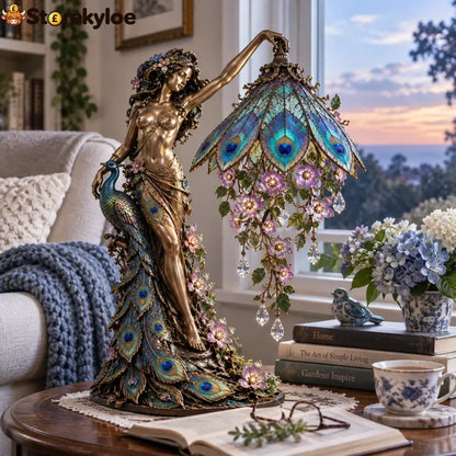 🦚 Peacock Goddess Stained Table Lamp