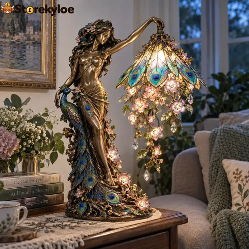 🦚 Peacock Goddess Stained Table Lamp