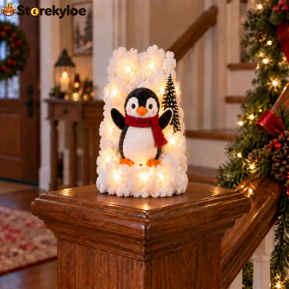 Penguin Christmas Stair Snow Decor - Cheering Penguin