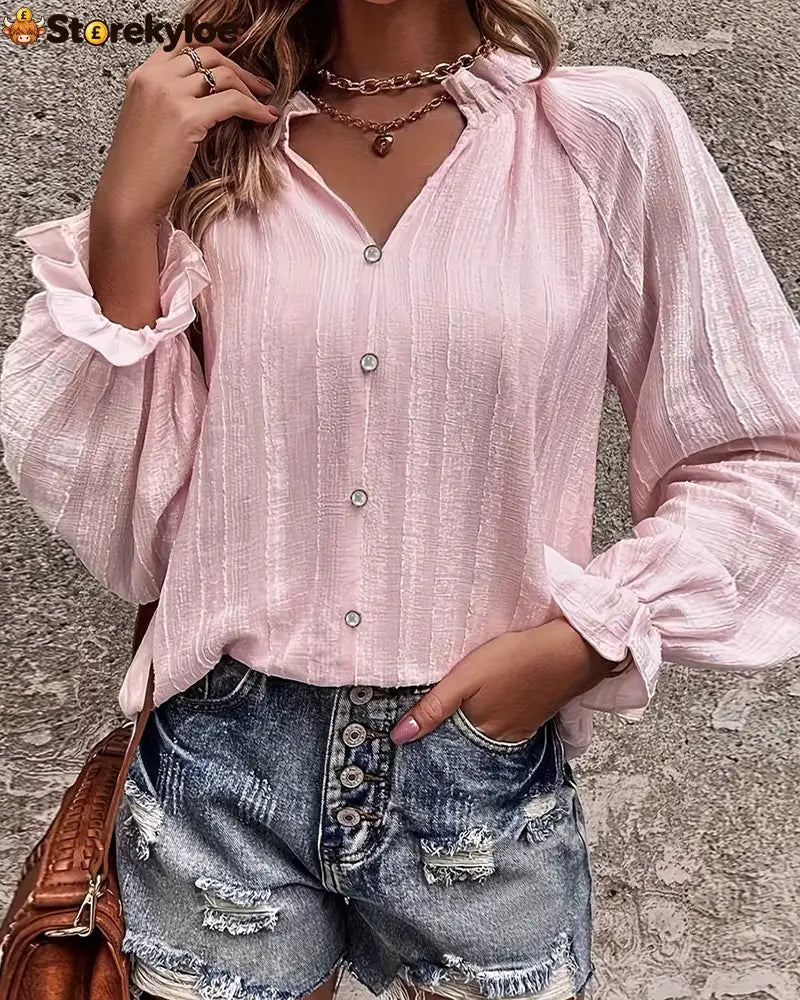 Pleated Stand Collar Ruffled Blouse