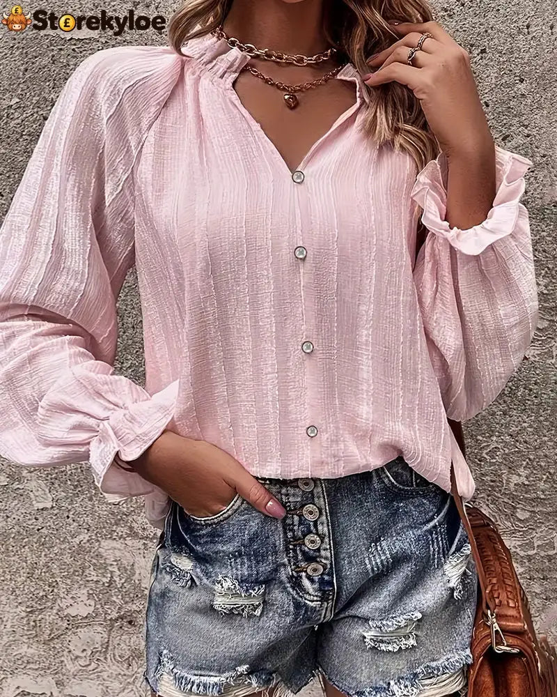 Pleated Stand Collar Ruffled Blouse