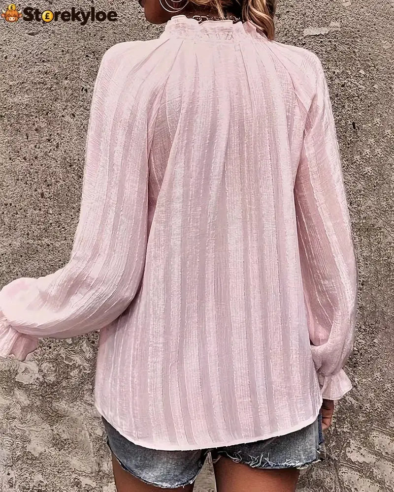 Pleated Stand Collar Ruffled Blouse
