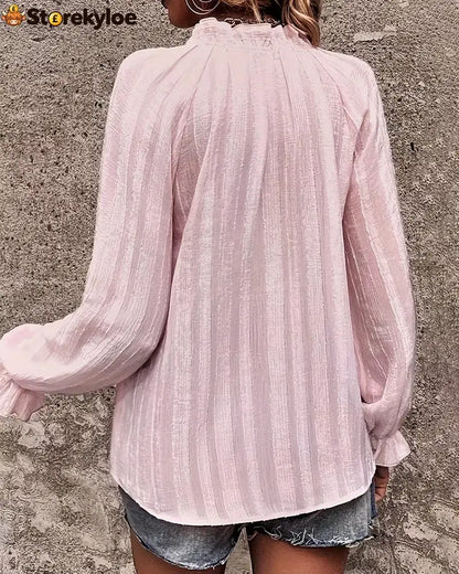 Pleated Stand Collar Ruffled Blouse