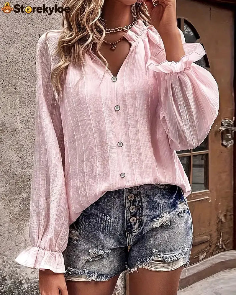 Pleated Stand Collar Ruffled Blouse - Pink / S