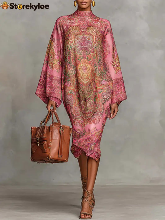 Plus Size Urban Paisley Printing Midi Dress - Pink / XS