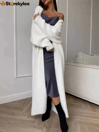 Plush fluffy autumn and winter loose coat women’s long cardigan imitation mink white knitted cardigan - 01 White / L