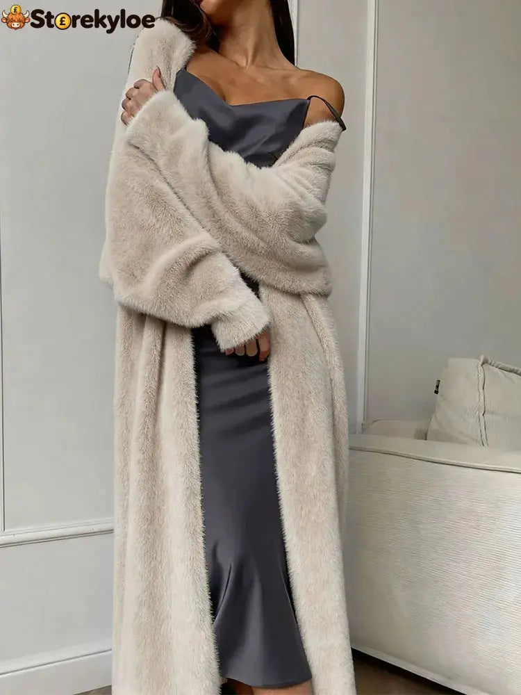 Plush fluffy autumn and winter loose coat women’s long cardigan imitation mink white knitted cardigan - 03 Apricot / L