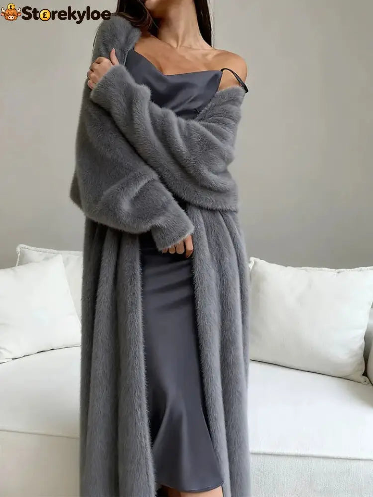 Plush fluffy autumn and winter loose coat women’s long cardigan imitation mink white knitted cardigan
